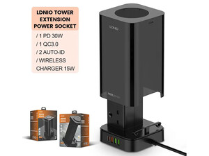 چند راهی برق شش سوکت 2500 وات و شارژر بی سیم 15 وات سه یو اس بی و یک تایپ سی الدینیو LDNIO TOWER 3 in 1 Power Extension Cord SKW6457