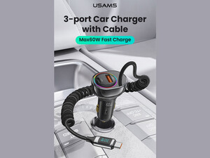 شارژر فندکی تایپ سی و یو اس بی 60 وات دارای کابل تایپ سی 30 وات یوسامز USAMS US-CC192 C37 Type-C+USB Car Charger Type-C Spring Data Cable