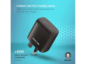 شارژر دیواری فست شارژ با دو پورت تایپ‌سی گرین Green Lion Dual Port USB-C Wall Charger 40W UK GNWC2PD40WBK