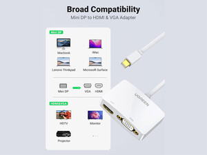 خرید مبدل مینی دیسپلی پورت به وی جی ای و اچ دی ام آی یوگرین Ugreen Mini Displayport Lightning to HDMI VGA Converter Adapter_J43