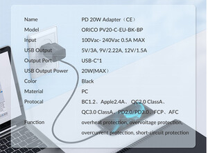 کیفیت شارژر دیواری تایپ سی فست شارژ اوریکو ORICO PV20-C Charger 20W Type C PD QC 3.0