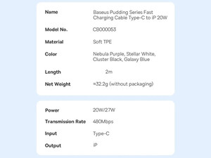 کابل شارژ سریع تایپ سی به لایتنینگ 20 وات 2 متری بیسوس Baseus Pudding Series Fast Charging Cable Type-C to IP 20W P10355701111-01