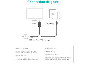 قیمت کابل چند سر اچ دی ام آی به لایتنینگ و یو اس بی 2 متری کوتتسی Coteetci HDMI to Lightning USB Cable 33021