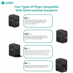 شارژر دیواری تایپ سی، یو اس بی و یک سوکت برق جهانی با دوشاخه‌های مختلف 65 وات کوتتسی