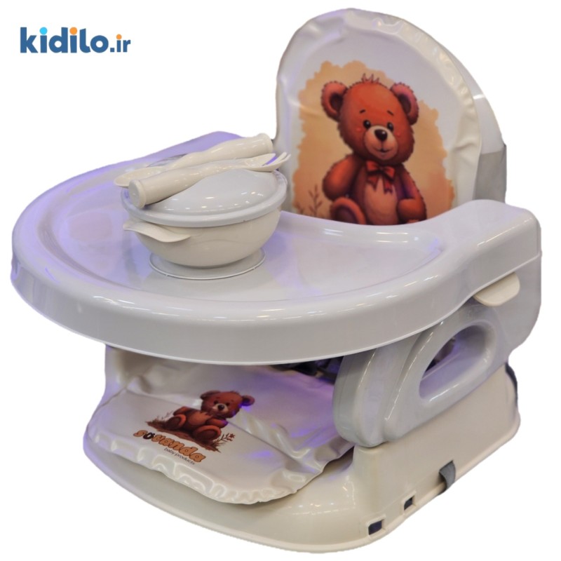 صندلی غذای کودک مدل پرتابل + کاسه و قاشق رایگان با تشک نرم عروسکی سواندا Suvanda (طوسی تدی)