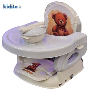 صندلی غذای کودک مدل پرتابل + کاسه و قاشق رایگان با تشک نرم عروسکی سواندا Suvanda (طوسی تدی)