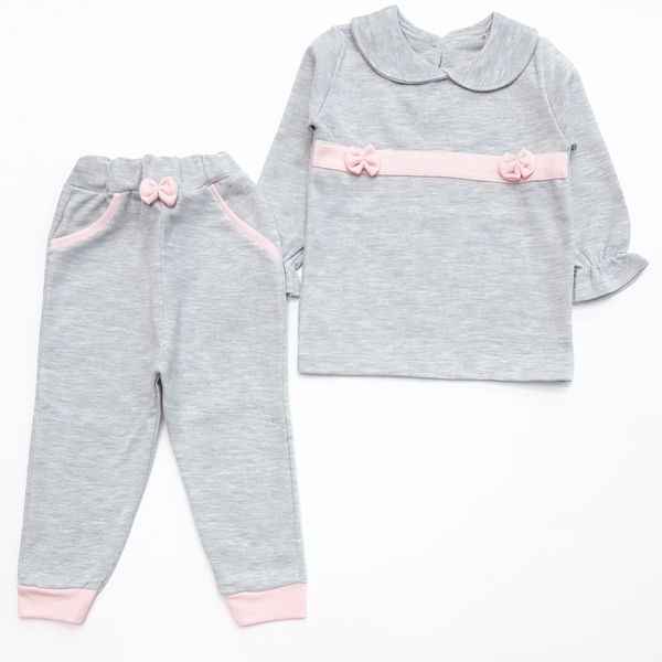 بلوز یقه‌ب‌ب شلوار طوسی صورتی