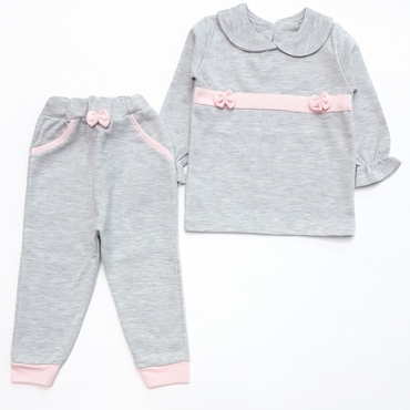 بلوز یقه‌ب‌ب شلوار طوسی صورتی