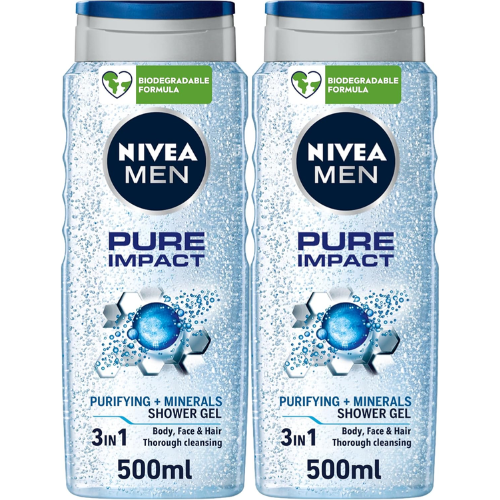NIVEA MEN 3in1 Shower Gel, Pure Impact Fresh Scent, 2x500ml