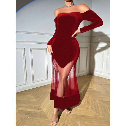 SHEIN BAE Women Off Shoulder Long Sleeve Mesh Spliced Dress