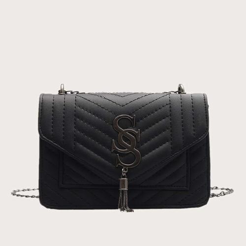 Solid Color Mini Pu Leather Shoulder Bag With Striped Band, Tassel, Metal Lock And Metal Chain Strap