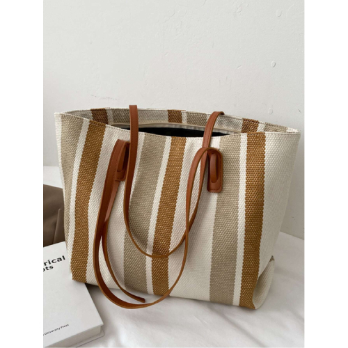 Simple Striped Pattern Shoulder Bag, Women's Fashion Large Capacity Tote Bag, Casual Zipper Shopping Bag