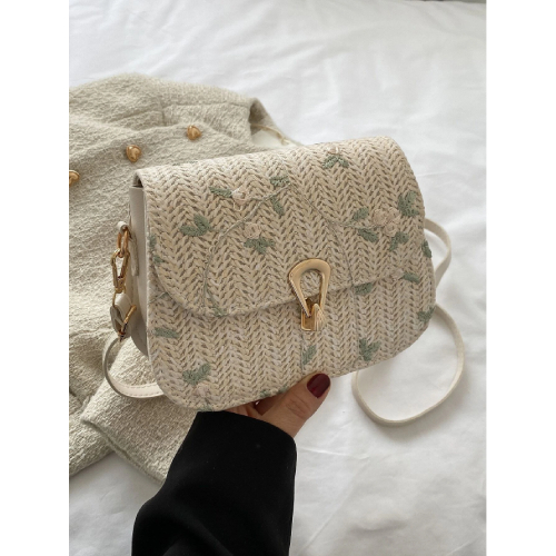 Floral Embroidery Straw Saddle Bag, Mini Woven Crossbody Bag, Women's Buckle Decor Flap Purse