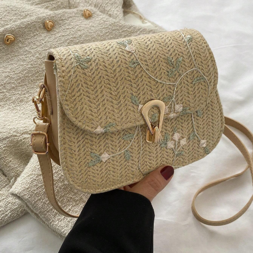 Floral Embroidery Straw Saddle Bag, Mini Woven Crossbody Bag, Women's Buckle Decor Flap Purse
