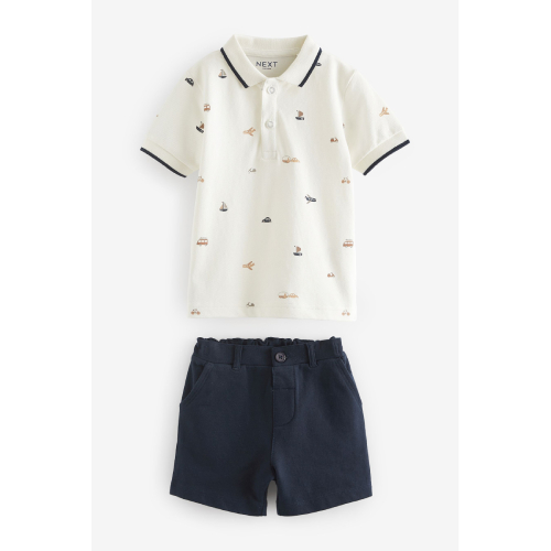 NEXT White All Over Printed Polo Shirt And Shorts Set (3mths-7yrs)