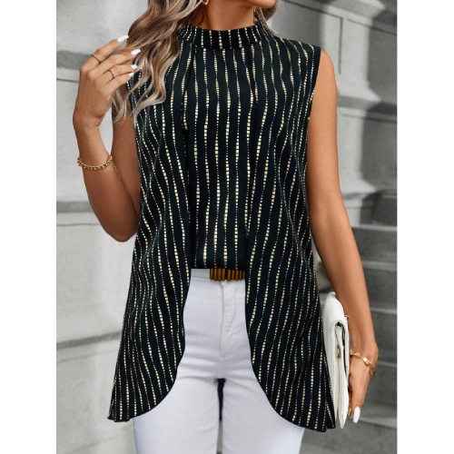 SHEIN Men'S Gold Print Stand Collar - Asymmetric Hemline Shirt