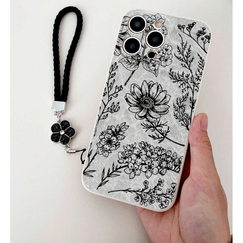Beige Straight Edge Shockproof Protective Phone Case With Printed Five-petal Flowers And A Rope For Iphones, Samsung