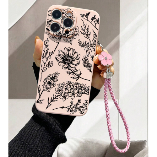 Beige Straight Edge Shockproof Protective Phone Case With Printed Five-petal Flowers And A Rope For Iphones, Samsung