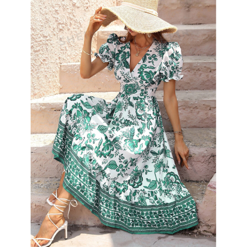 SHEIN LUNE Women's Full Print V-Neck Waist-Cinching Short Sleeve Dress