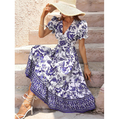 SHEIN LUNE Women's Full Print V-Neck Waist-Cinching Short Sleeve Dress