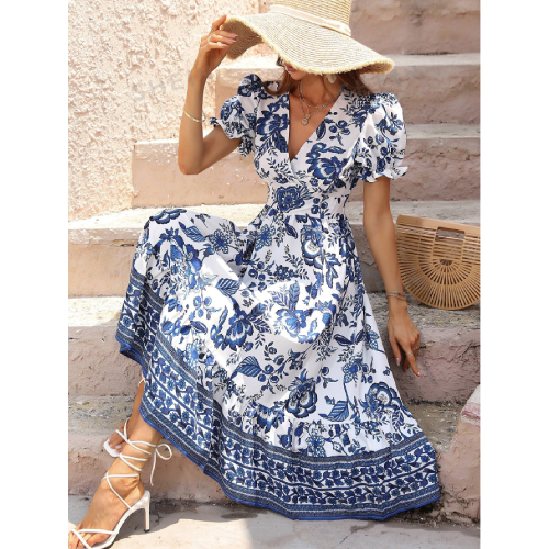 SHEIN LUNE Women's Full Print V-Neck Waist-Cinching Short Sleeve Dress