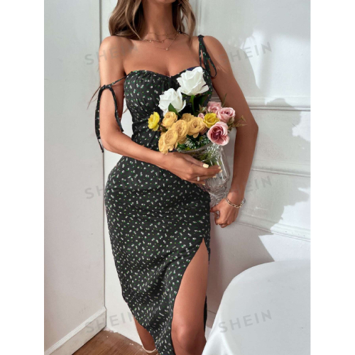 SHEIN Frenchy Tie Detail Pleated Design Front Slit Long Cami Dress