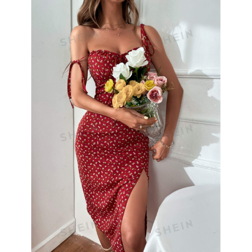 SHEIN Frenchy Tie Detail Pleated Design Front Slit Long Cami Dress