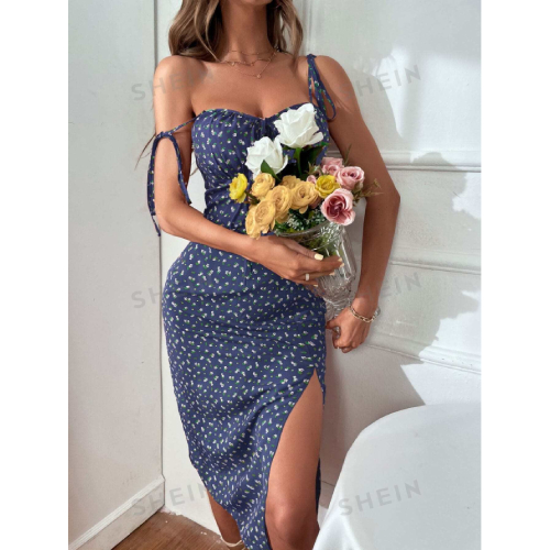 SHEIN Frenchy Tie Detail Pleated Design Front Slit Long Cami Dress