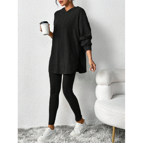 SHEIN Essnce Women's Solid Color Ribbed Out T-shirt With Hood And Leggings Two-piece Set