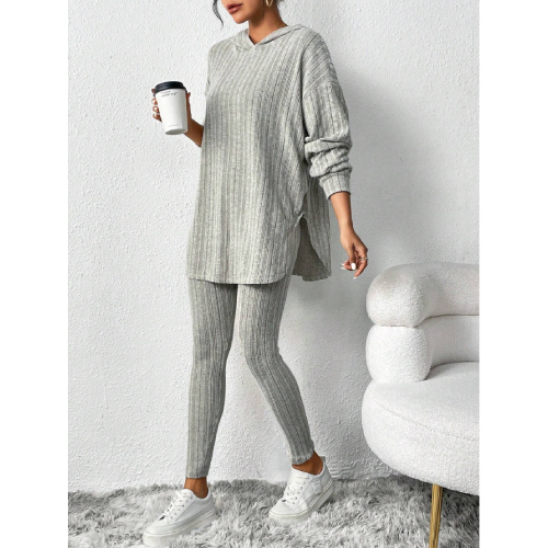 SHEIN Essnce Women's Solid Color Ribbed Out T-shirt With Hood And Leggings Two-piece Set