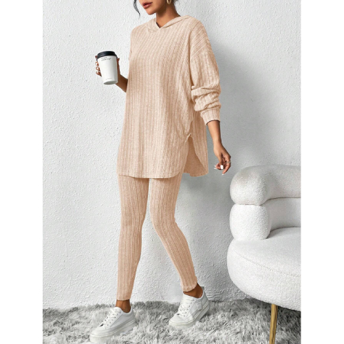 SHEIN Essnce Women's Solid Color Ribbed Out T-shirt With Hood And Leggings Two-piece Set