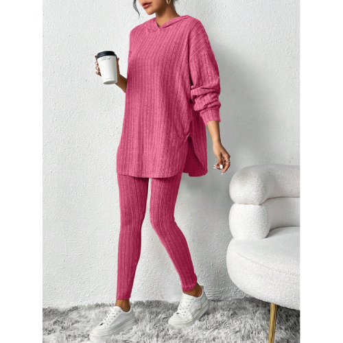 SHEIN Essnce Women's Solid Color Ribbed Out T-shirt With Hood And Leggings Two-piece Set