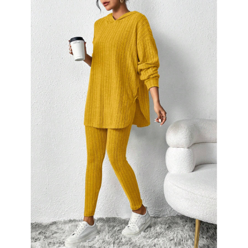 SHEIN Essnce Women's Solid Color Ribbed Out T-shirt With Hood And Leggings Two-piece Set