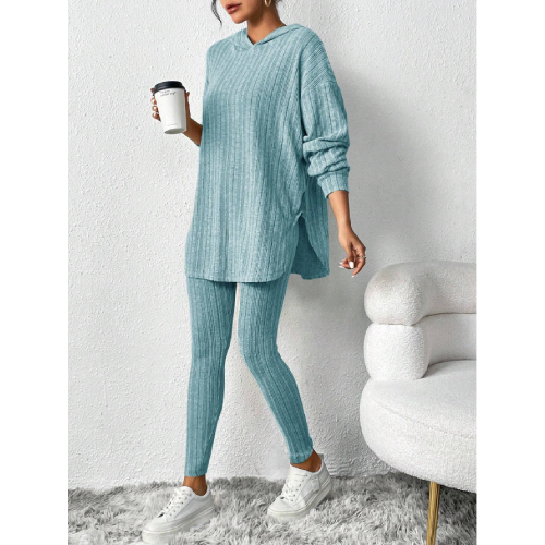 SHEIN Essnce Women's Solid Color Ribbed Out T-shirt With Hood And Leggings Two-piece Set