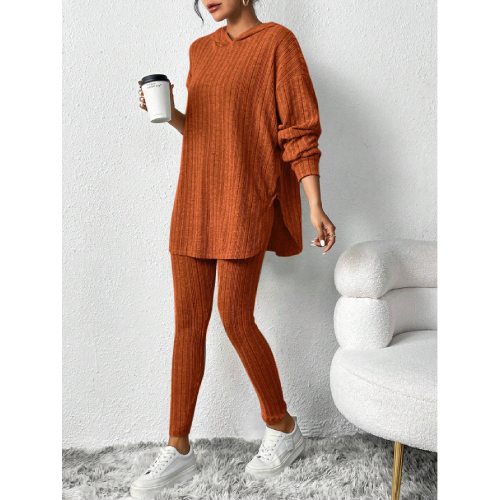 SHEIN Essnce Women's Solid Color Ribbed Out T-shirt With Hood And Leggings Two-piece Set