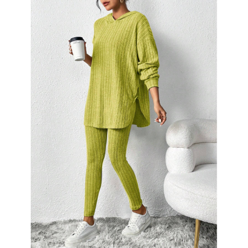 SHEIN Essnce Women's Solid Color Ribbed Out T-shirt With Hood And Leggings Two-piece Set