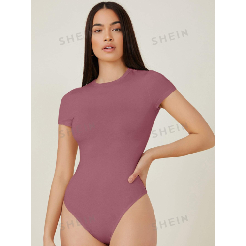 SHEIN BASICS Solid Slim Tee Bodysuit Cap Sleeve