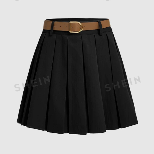 SHEIN MOD Solid Pleated Belted Belt Decoration Short Skirt