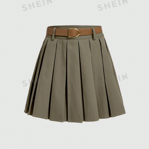 SHEIN MOD Solid Pleated Belted Belt Decoration Short Skirt