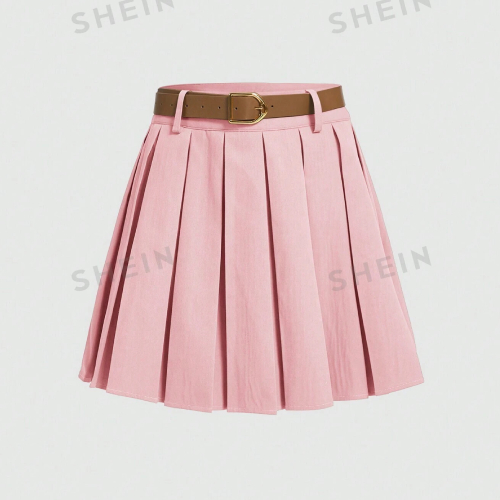 SHEIN MOD Solid Pleated Belted Belt Decoration Short Skirt