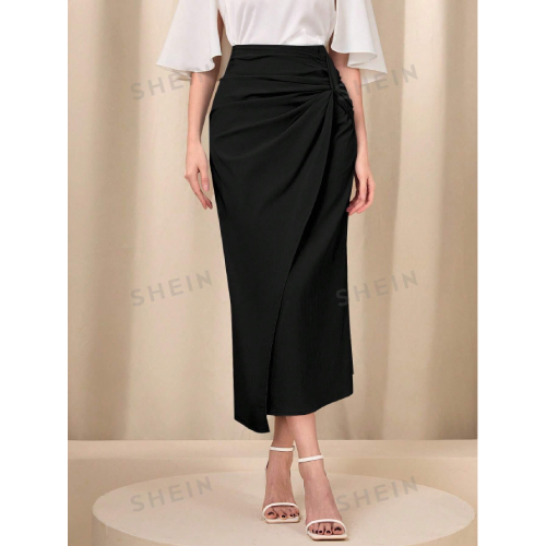 SHEIN Modely Twist Front Wrap Hem Solid Skirt
