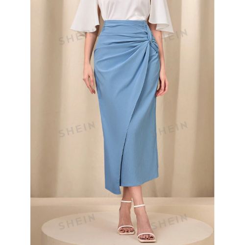 SHEIN Modely Twist Front Wrap Hem Solid Skirt