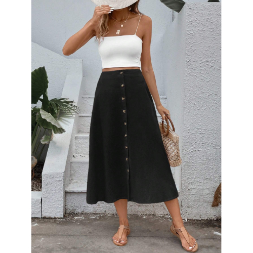 SHEIN VCAY Women's Single-Breasted Skirt Midi Length