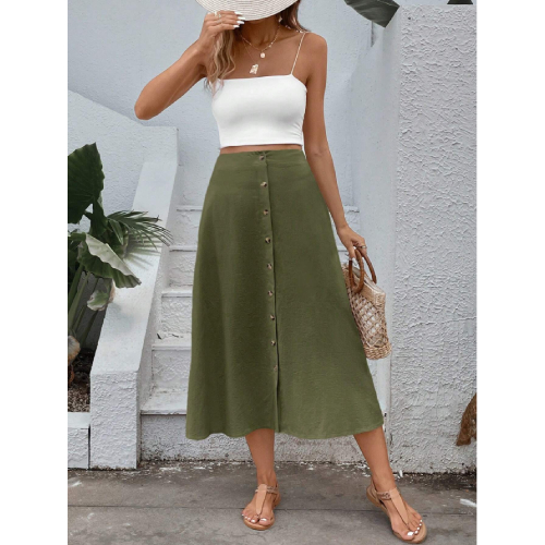 SHEIN VCAY Women's Single-Breasted Skirt Midi Length