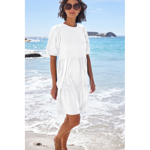 NEXT White Cotton Short Puff Sleeve Tiered Mini Dress