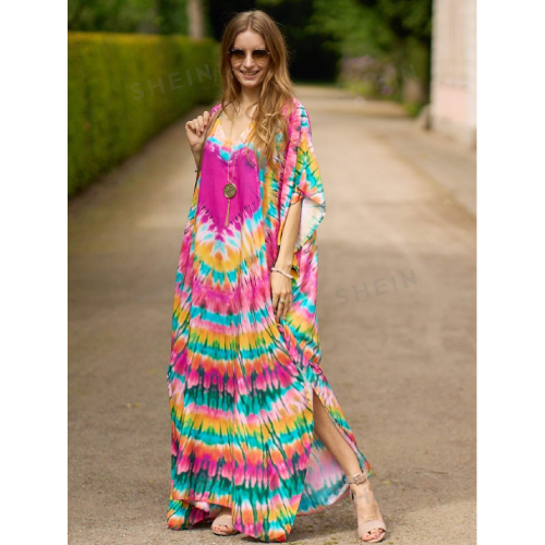 SHEIN Tie Dye Split Hem Cover-Up House V-Neck Kaftan Dress Vacation