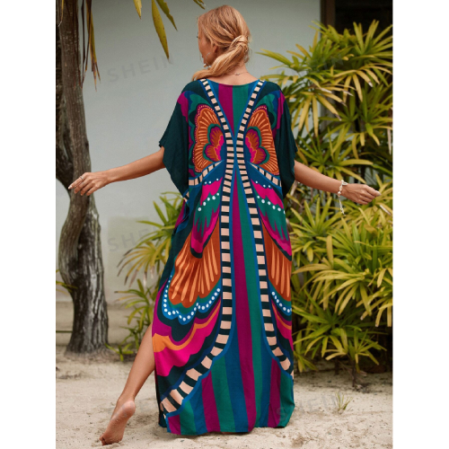 SHEIN Tie Dye Split Hem Cover-Up House V-Neck Kaftan Dress Vacation