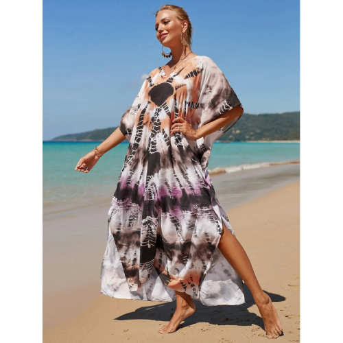 SHEIN Tie Dye Split Hem Cover-Up House V-Neck Kaftan Dress Vacation