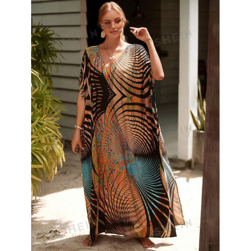 SHEIN Tie Dye Split Hem Cover-Up House V-Neck Kaftan Dress Vacation