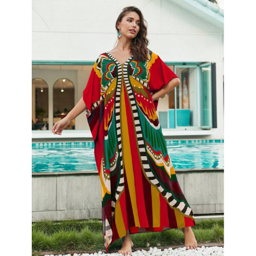 SHEIN Tie Dye Split Hem Cover-Up House V-Neck Kaftan Dress Vacation